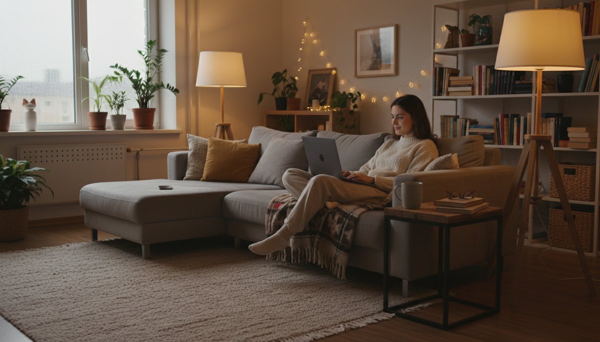 한국 아파트 거실에서 태블릿으로 AI 도구를 사용하는 한국인 직장인