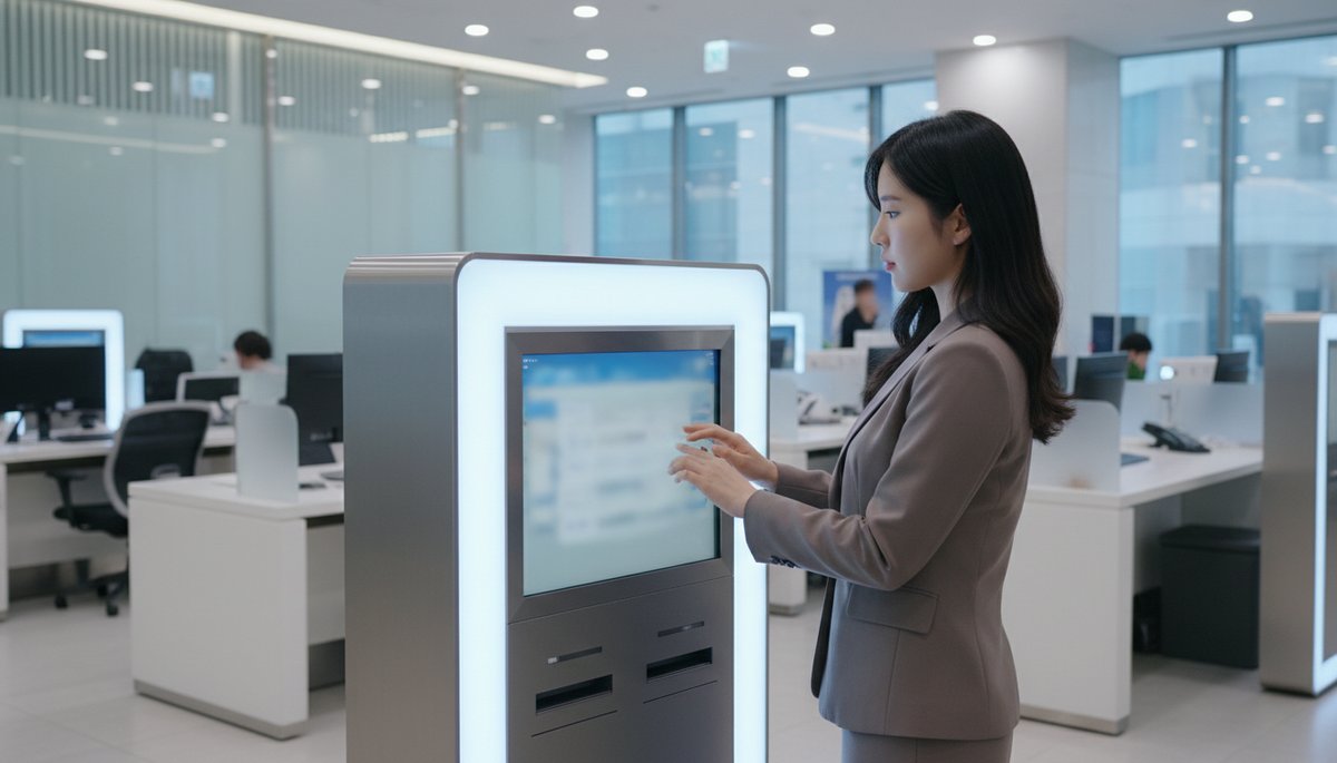 서울 강남의 은행 지점 내부에서 키오스크를 사용하는 한국인 여성