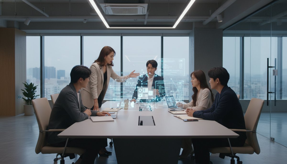 런던 스타일의 현대적 오피스에서 회의 중인 다국적 팀