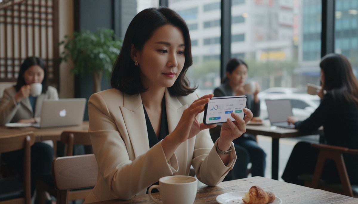 서울 카페에서 아이스 아메리카노 옆에 스마트폰으로 뱅킹 앱을 보는 한국인 남성