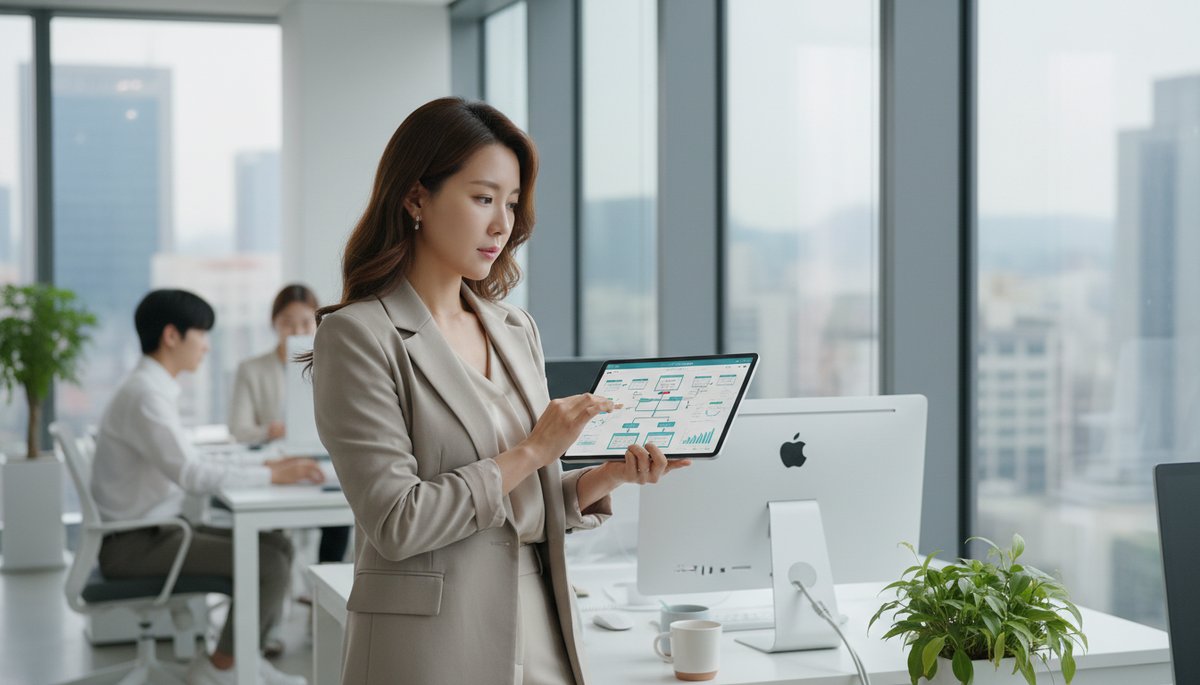 강남 오피스에서 태블릿으로 업무 자동화 화면을 확인하는 30대 한국 직장인 여성