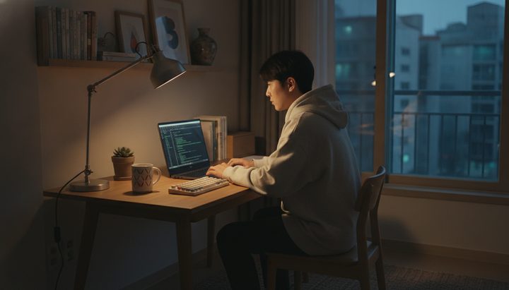 개발자가 서울 홈 오피스에서 터미널 화면을 보며 Claude Code CLI를 사용하는 장면