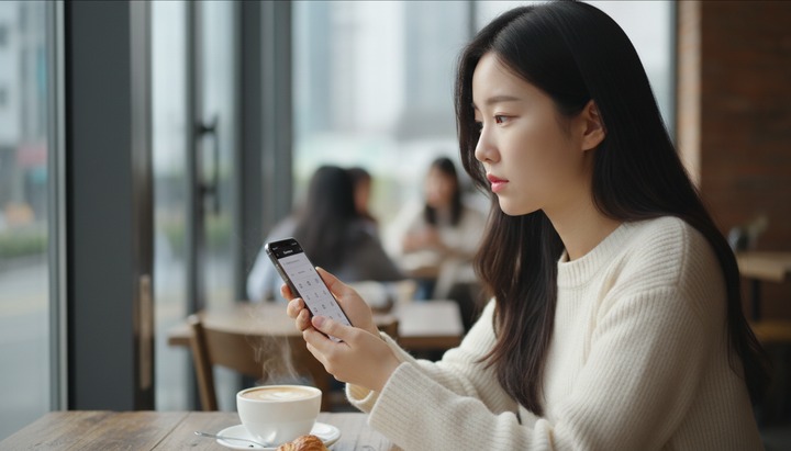 카페에서 AI 구독 서비스를 비교하는 한국인 여성