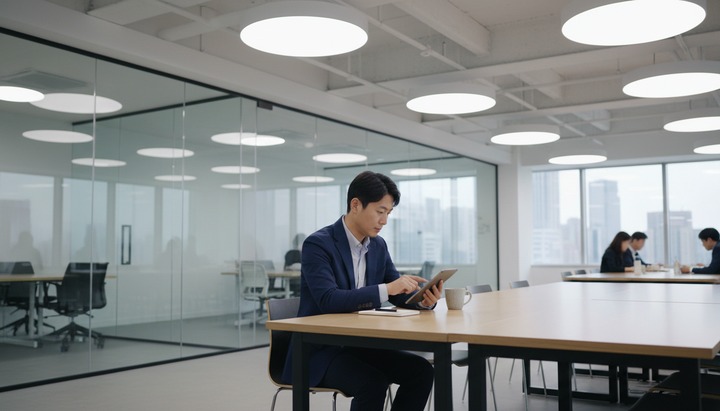 직장인이 태블릿으로 생산성 대시보드를 보는 모습