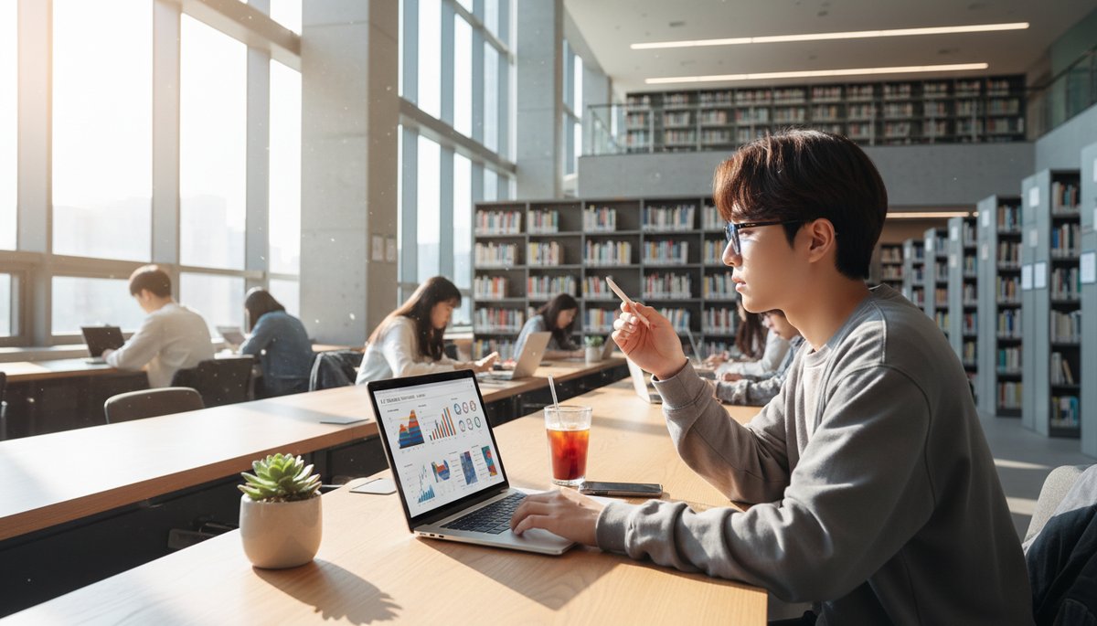 AI 이미지 트렌드 분석 — 서울 대학교 도서관에서 노트북으로 트렌드 리서치 중인 한국인 대학생