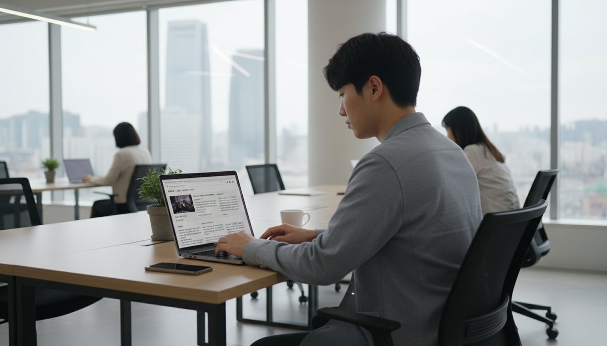 서울 사무실에서 노트북으로 AI 산업 뉴스를 읽는 한국 직장인