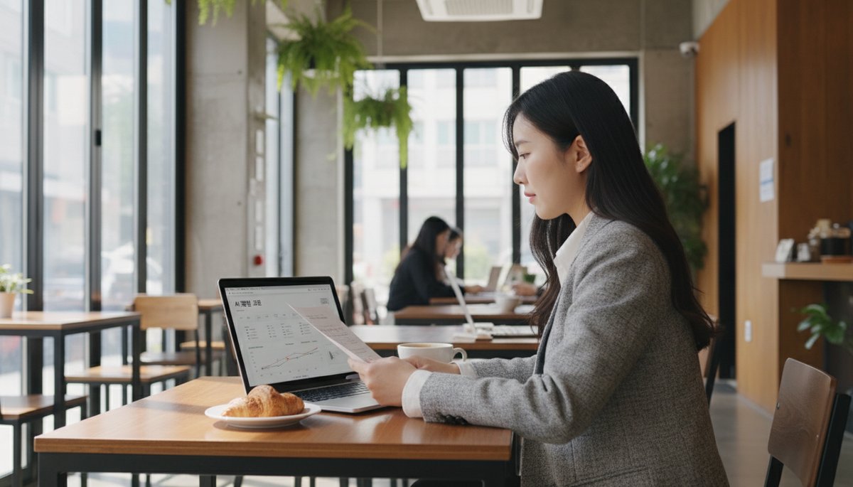 서울 카페에서 노트북으로 AI 정책 자료를 읽는 직장인