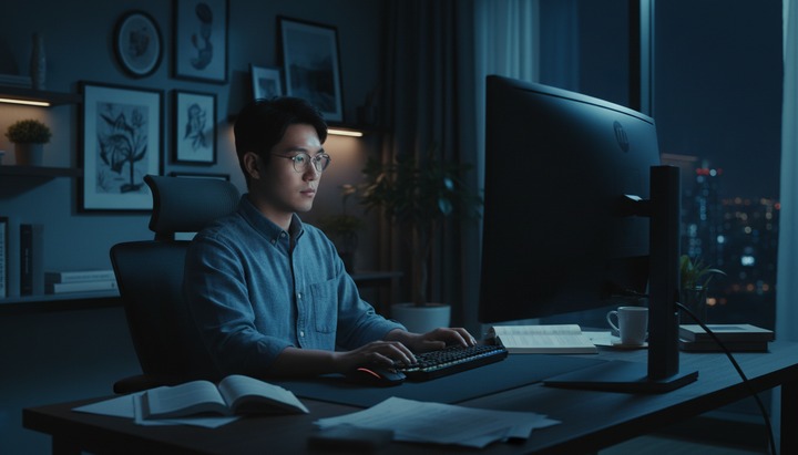 리서처가 어두운 홈 오피스에서 울트라와이드 모니터로 자료를 찾는 모습