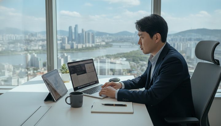 서울 오피스 빌딩 뷰가 보이는 사무실에서 한국 직장인이 여러 앱이 열린 노트북을 보는 장면