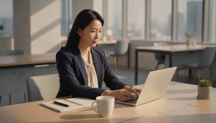 한국 직장인이 회사 업무용 노트북으로 이메일과 문서를 정리하는 장면, 한국 오피스 환경