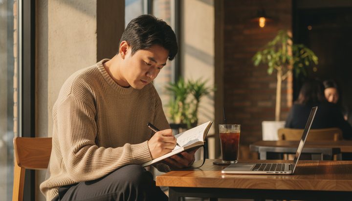 한국 직장인이 성수동 카페에서 노트북으로 작업하며 메모를 하는 장면, 한글 다이어리와 아이스 아메리카노