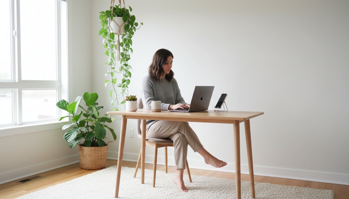 Korean woman checking privacy settings on laptop in modern home office Seoul with coffee