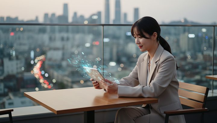 서울 카페에서 노트북으로 AI 서비스를 비교하는 20대 직장인