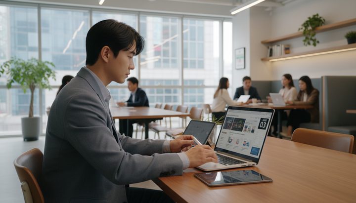 한국 대학교 도서관에서 태블릿으로 ChatGPT를 사용하는 대학생