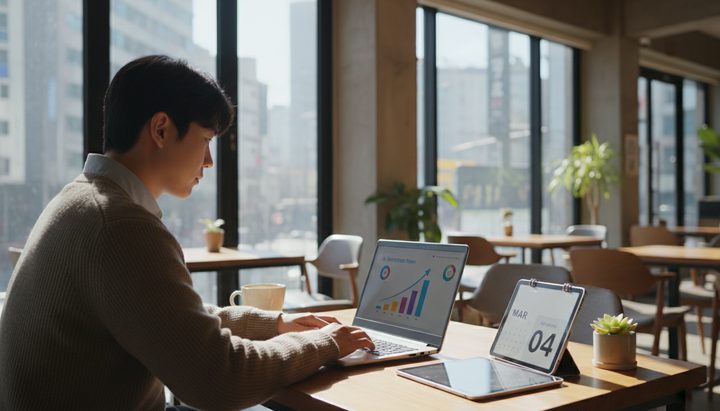 서울 성수동 코워킹 스페이스에서 여러 AI 앱을 화면에 띄워놓은 프리랜서