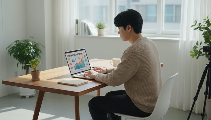 한국 아파트 거실에서 바닥에 앉아 노트북으로 AI 서비스 가격을 비교하는 20대 여성