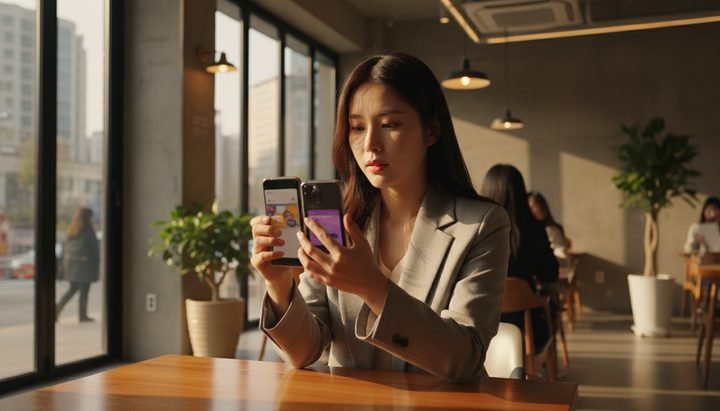 스마트폰으로 AI 서비스 비교하는 한국 직장인 - 강남 카페