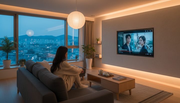 노트북 앞에서 구독 서비스 비교하는 한국 직장인 - 성수 카페