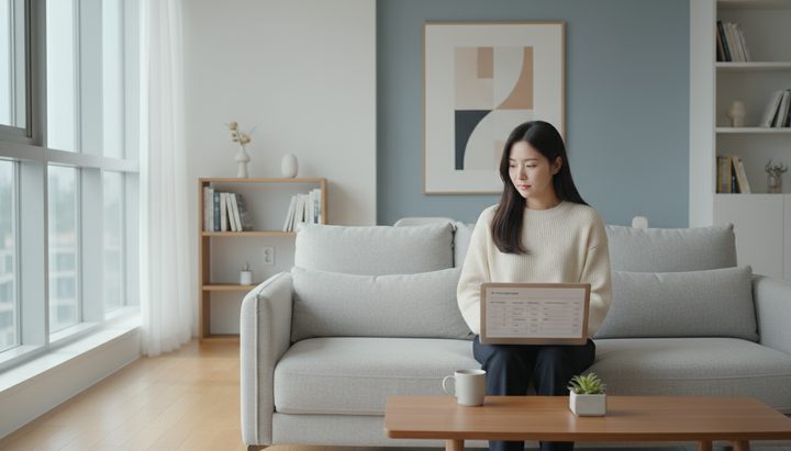 한국 대학 도서관에서 태블릿으로 AI 챗봇 대화 화면을 보는 한국인 대학생