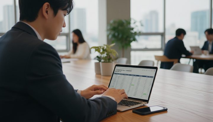 강남 코워킹 스페이스에서 듀얼 모니터로 코딩하는 한국인 개발자