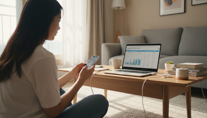 서울 아파트 거실에서 아이패드로 리서치하는 한국인 프리랜서