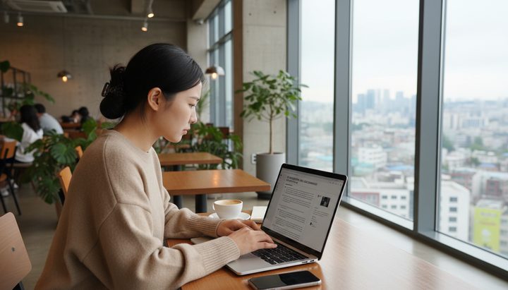 성수동 카페에서 아이스 아메리카노와 함께 스마트폰으로 AI 채팅하는 한국인 여성