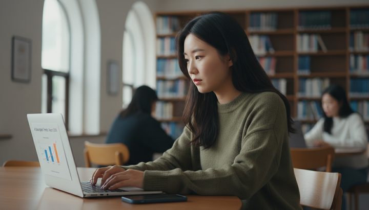 한국 대학 캠퍼스 벤치에서 태블릿으로 AI 챗봇을 사용하는 한국인 대학생