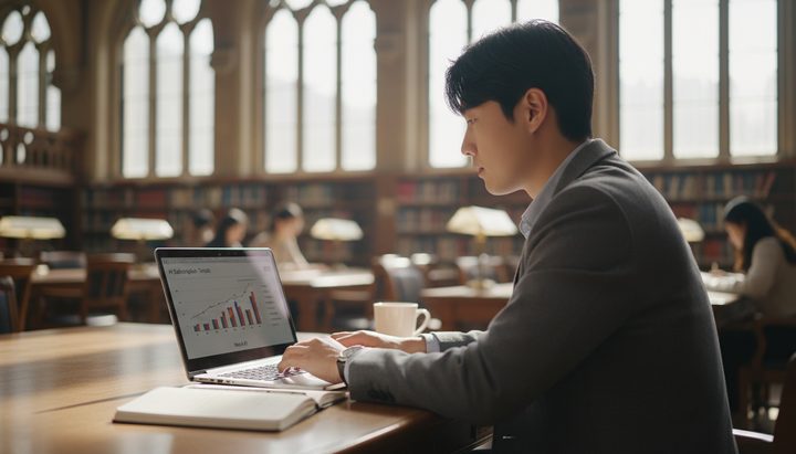 한국 아파트 거실에서 헤드폰을 쓰고 음악을 듣는 한국인 여성