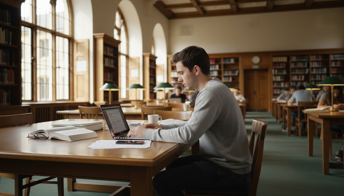 Korean student researching with Perplexity AI on MacBook in university library Seoul