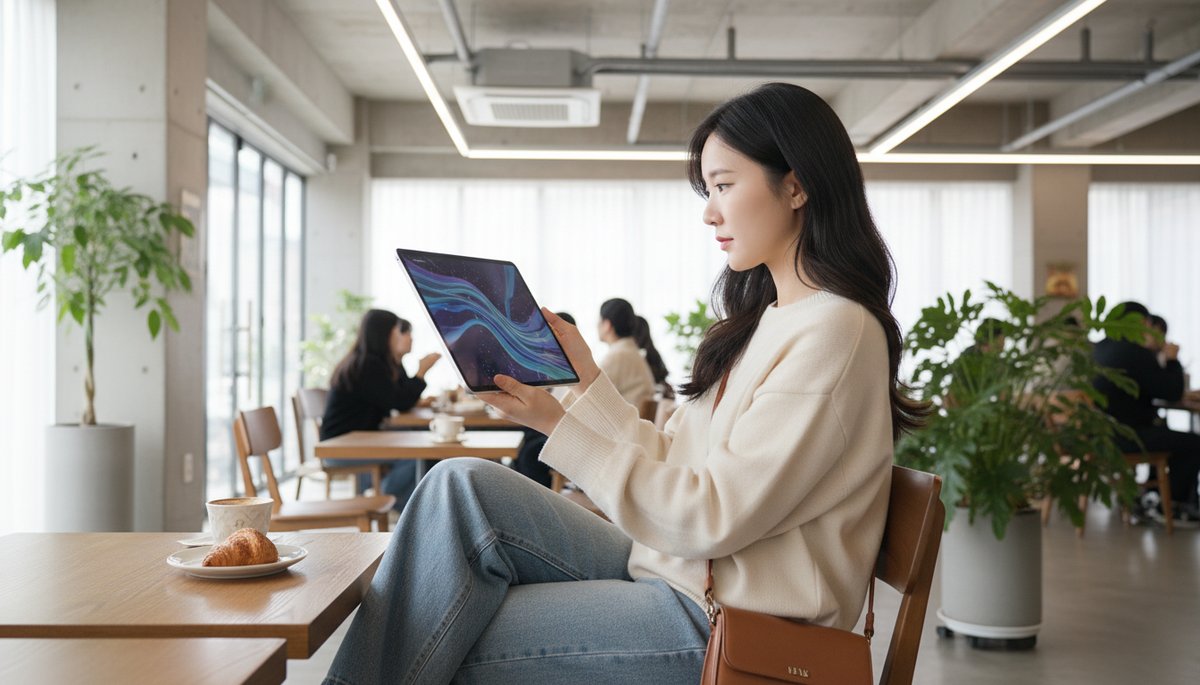 서울 성수동 카페에서 태블릿으로 AI 생성 영상을 시청하는 한국인 여성