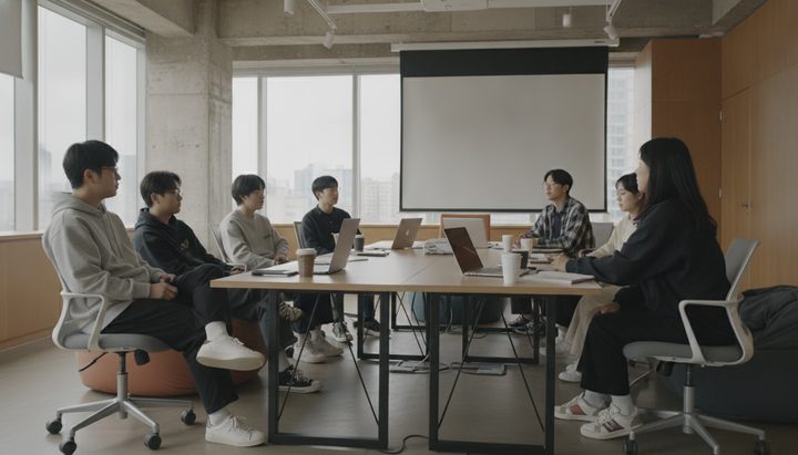 한국 스타트업 회의실에서 팀원들이 AI 도구 화면을 보며 회의하는 장면, 자연광 환경