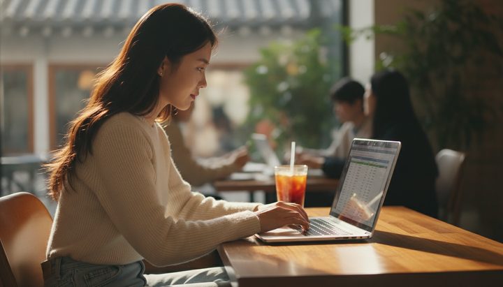 한국 직장인이 카페에서 아이스 아메리카노와 함께 노트북으로 AI 도구를 활용하는 장면