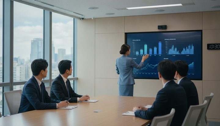 현대적인 한국 기업 회의실에서 프레젠테이션을 하는 직장인의 뒷모습, 화면에 차트가 보임