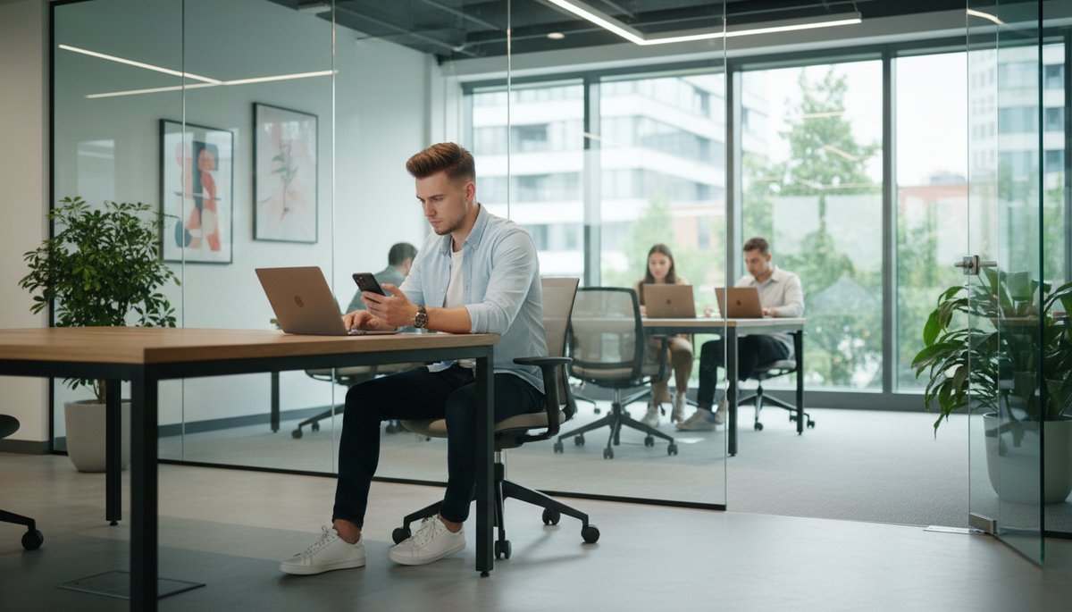 강남 사무실에서 태블릿으로 영상 편집 중인 한국인 직장인