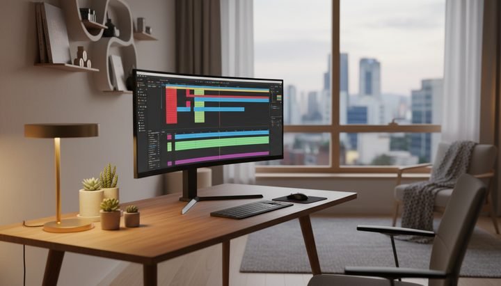 서울 코워킹스페이스에서 노트북으로 영상 편집하는 한국인 크리에이터
