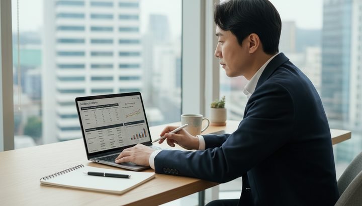 한국 카페에서 태블릿으로 영상 편집 앱을 비교하는 젊은 한국 여성