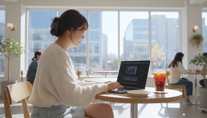 서울 강남 오피스에서 듀얼 모니터로 영상 작업하는 한국인 남성 직장인