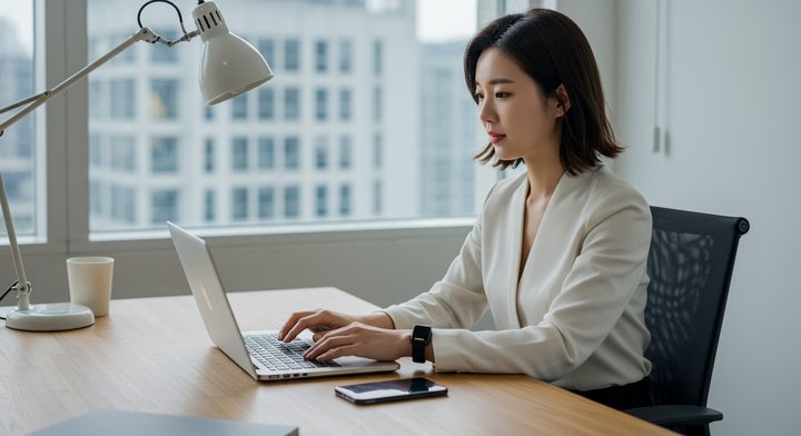 서울 카페에서 캡컷으로 영상 편집하는 한국 여성 직장인