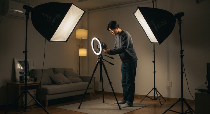 한국 스튜디오 스타일 홈 오피스에서 영상 촬영 준비 중인 남성