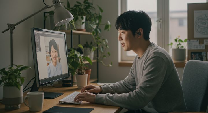 한국 유튜버가 홈 스튜디오에서 영상 편집 결과를 확인하는 모습