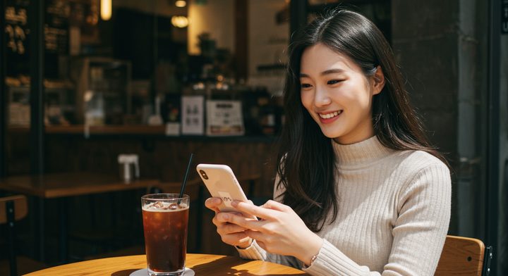 Seoul 카페에서 스마트폰으로 AI 이미지를 확인하는 한국 여성