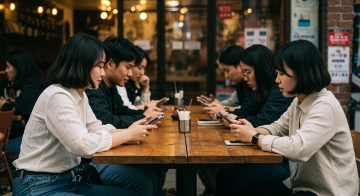 스마트폰으로 AI 아트 이미지를 공유하는 한국 20대 여성