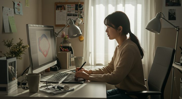 깔끔한 한국 홈 오피스에서 작업 중인 크리에이터