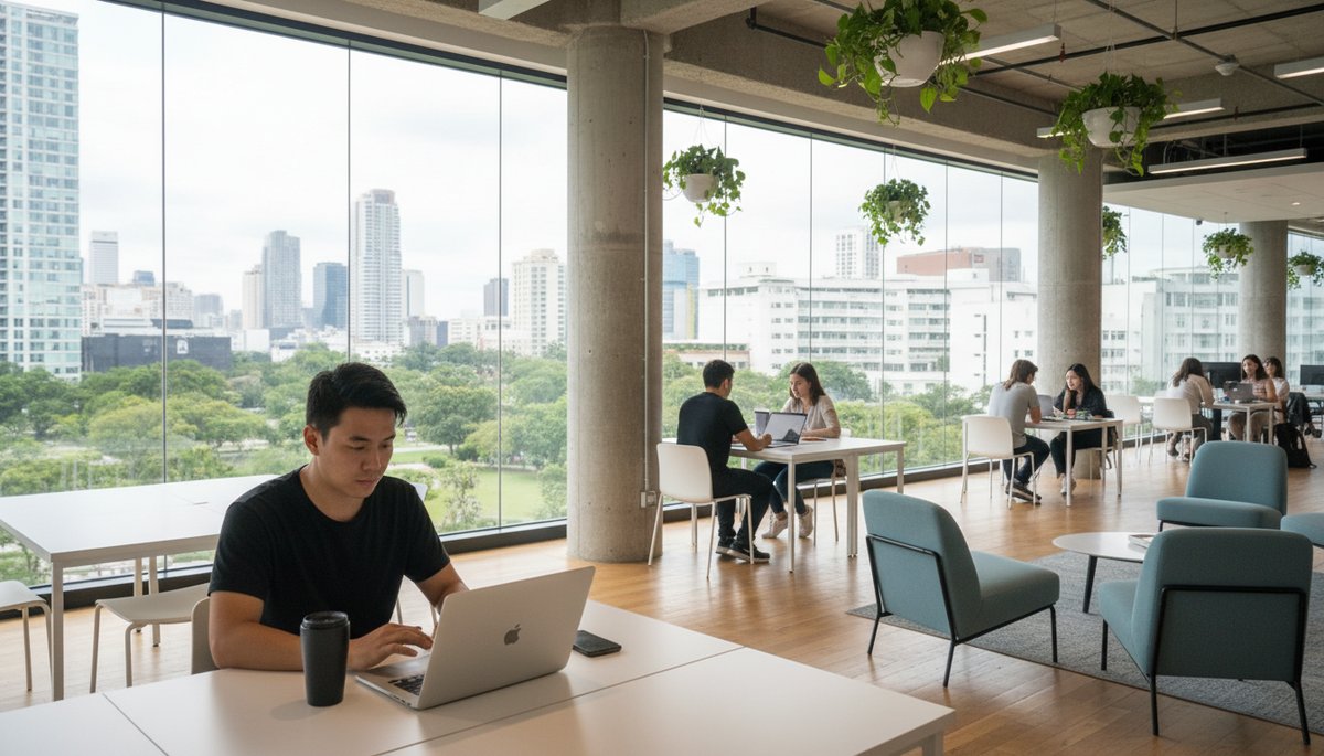 서울 강남 사무실 책상에서 자료를 분석하는 한국 직장인