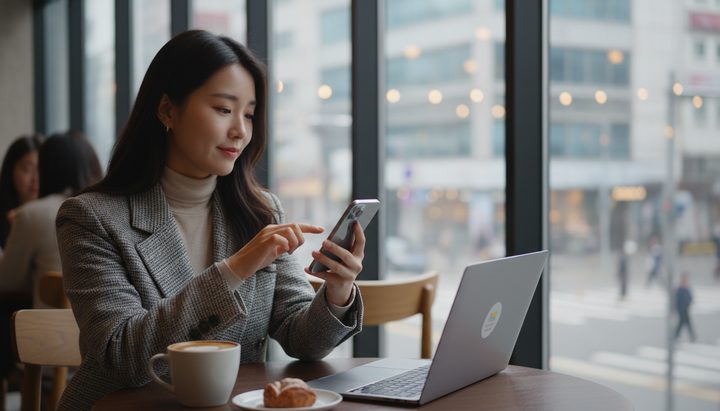 서울 카페에서 노트북으로 ChatGPT를 사용하는 한국 직장인 여성