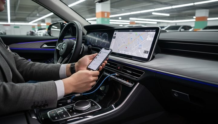 서울 시내 도로에서 CarPlay 화면이 보이는 자동차 대시보드
