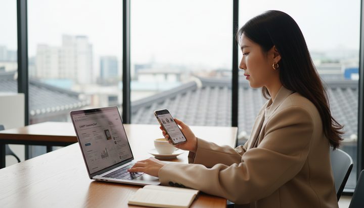 서울 코워킹 스페이스에서 노트북을 사용하는 한국 청년