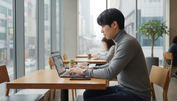 서울 코워킹 스페이스에서 두 화면을 비교하며 코딩하는 한국 개발자