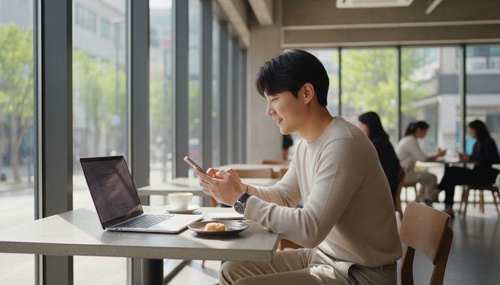 서울 아파트 거실에서 태블릿으로 AI 서비스를 사용하는 한국 직장인