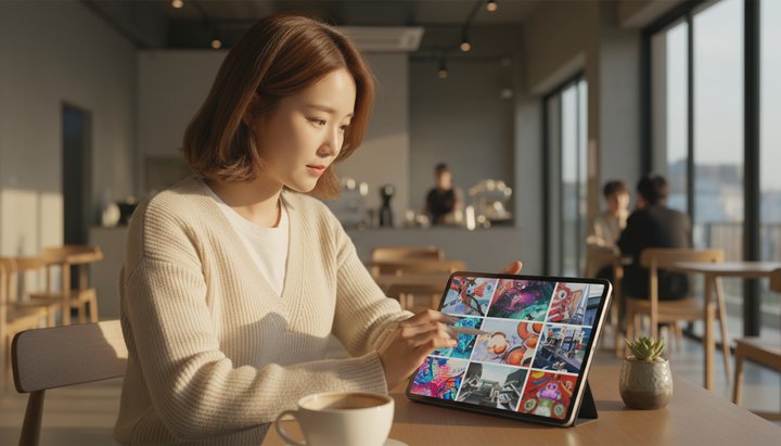 AI 이미지 프롬프트 작성 — 서울 성수동 카페에서 노트북으로 프롬프트 작성 중인 한국인 크리에이터
